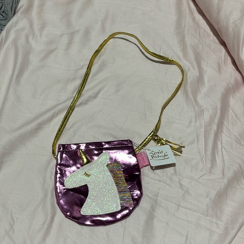 Grey Pretenders unicorn purse lilac shimmer gold strap nwt fringe for mane